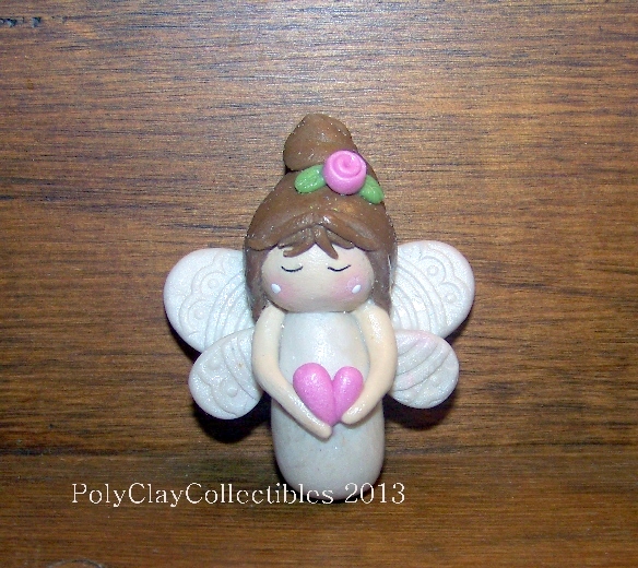 Angel - Pink Heart - Polymer Clay - Keepsake - Brooch Pin