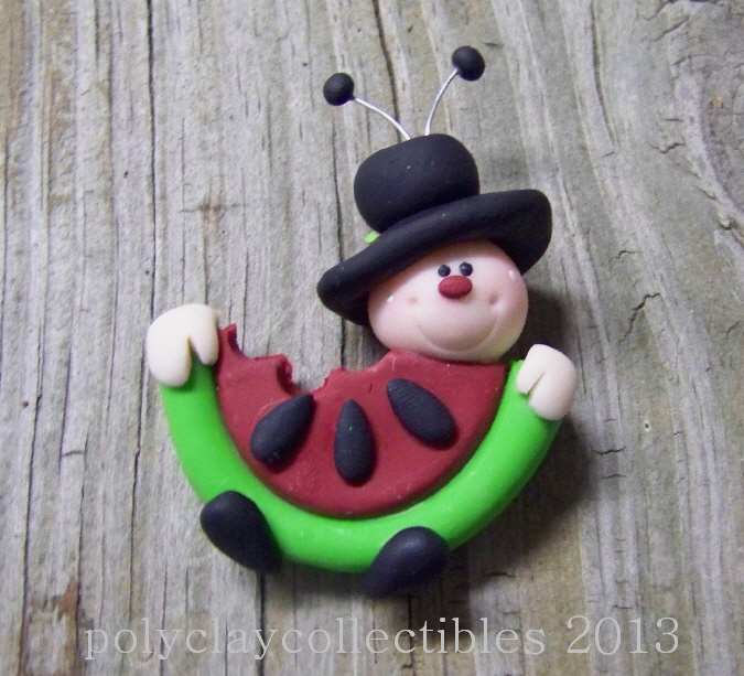 Mr Ladybug Eats Watermelon -polymer Clay - Pin - Cupcake Topper
