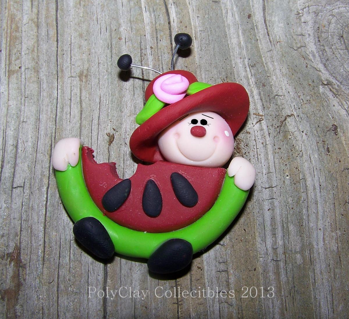 Mrs. Lily Ladybug Eating Watermelon - Polymer Clay - Brooch